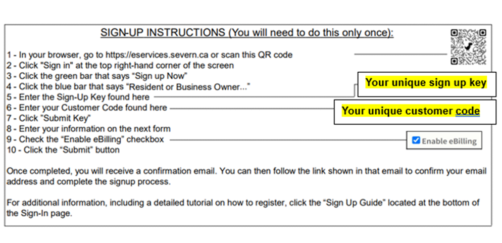 image of the back of a bill with the sign up key and customer code